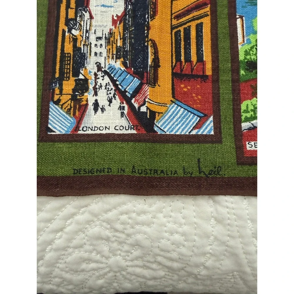 Heil Souvenir Tea Towel Green Perth Western Australia Vintage Pure Linen